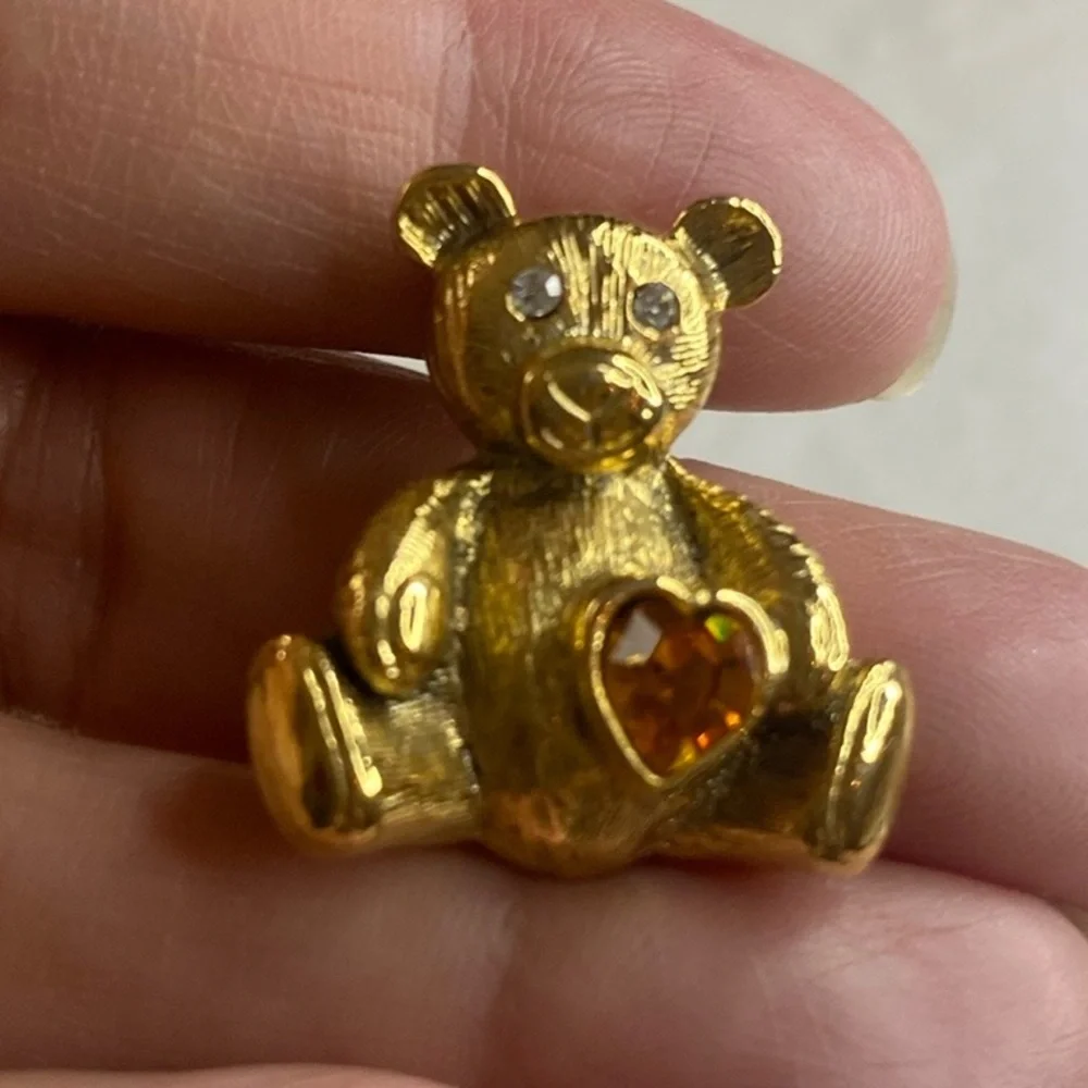 1928 Gold-Tone Teddy Bear Brooch with Amber Heart Crystal